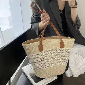 Large Capacity Portable Tote Bag for Women Hand Woven Straw Handbag for Holiday Travel