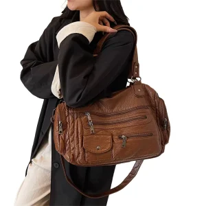 Large Capacity Retro Tote Bag Y2K Soft PU Leather Motorcycle Handbag for Women Minimalist Style National Messenger Sling Bag