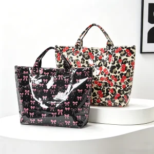 Large Capacity Ribbon Bow Prints Hobo Handbag Beach PVC Tote Bag Women’s Plastic Tote Purse for Travel