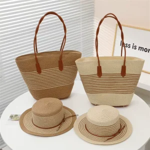 Large Capacity Shoulder Woven Tote Bag Set Summer Vacation Travel Unisex Boater Wide Brim Paper Floppy Hat Outdoor