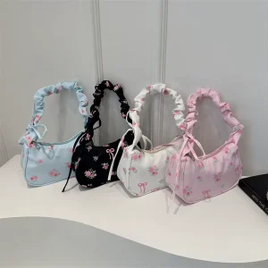 Large Capacity Single Shoulder Bag Autumn Pleated Floral Underarm Sweet Drawstring Commuting