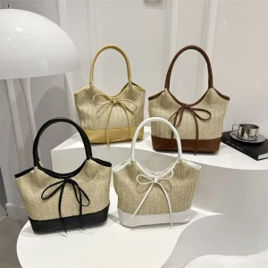 Large Capacity Straw Bag Women’s Senmeng Fashionable Summer Woven Shoulder Tote Bag Seaside Holiday Beach Bag