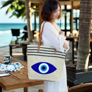 Large Capacity Straw Tote Bag Outdoor Travel Straw Bag Summer Evil Eyes Beach Bags for Women