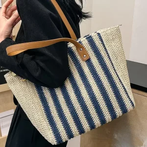 Large Capacity Straw Tote Bag Women Bohemian Woven Shoulder Bag for Beach Vacation Daily Handbag