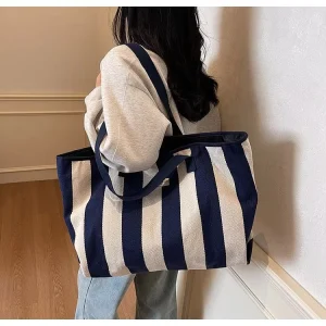 Large Capacity Striped Printed Canvas Tote Bag Versatile Casual Shoulder Bag