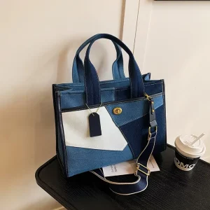 Large Capacity Women’s Tote Handbag Denim Fabric Messenger Bag Zipper for Shopping