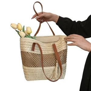 Large Capacity Women’s Woven Straw Zipper Closure Beach Vacation Tote Bag