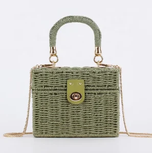 Large Capacity Woven Bag Square Box Shape Straw Summer Bag Fashion Handbag Handmade Beach Vacation Handbag Straw Handbag