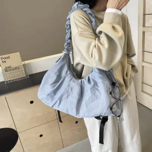 Large Capacity Woven Hobo Bag for Women Oxford Cloth Zipper Closure Shoulder Bag Flexible Soft Waves Purple Lining Polyester