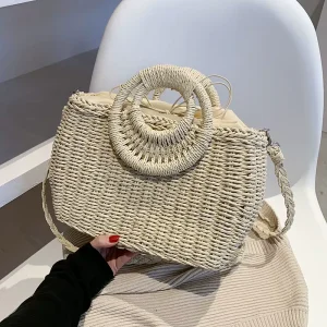 Large Capacity Woven Polyester Women’s Summer Korean Style Single-Shoulder Straw Bag Beach Holiday Handbag