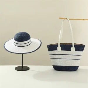 Large Capacity Woven Straw Bag and Hat Set Summer Beach Vacation Casual Sun Protective Shoulder Tote Bag