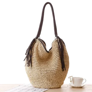 Large Capacity Woven Straw Shoulder Bag for Women Handmade Summer Beach Tote with Tassels Casual Hobo Handbag for Vacation
