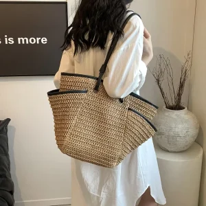 Large Capacity Woven Tote Bag Zipper Shoulder Handbag Polyester Lining Korean Style Commuting Beach Vacation