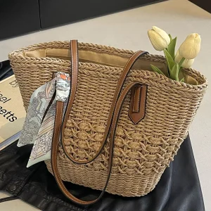 Large-Capacity Woven Women’s Seaside Holiday Shoulder Bag Resort Tote Beach Bag Open Urban Simplicity Polyester