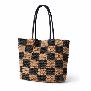 Large Checkered Woven Paper Straw Tote Bag with Magnetic Snap Closure Lightweight Summer Beach Shopping Bag