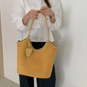 Large Custom Brown Two Shoulder Bucket Hobo Handbag Leather Suede Tote Bag for Women