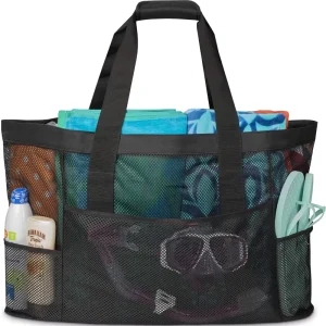 Large Fashion PVC Mesh 7 Inch Beach Tote Bag Two Handles Cover Closure Waterproof Sand Proof Pool Swim Tote