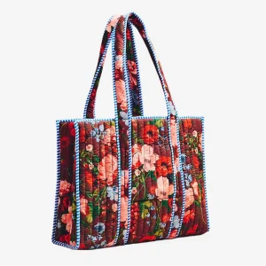 Large Quilted Tote Bag for Women Block India Floral Cotton Shopping Bag Outer Pocket Striped Lining Travel Beach Everyday Tote