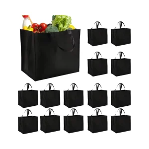 Large Reusable Recyclable 45x50cm Nonwoven Foldable Grocery Tote Bags with Durable Handles Black Supermarket Screen Printing