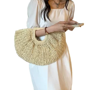 Large Straw Beach Sailor Leather Holiday Fashion Ladies Hand Bags with Free Shipping Half Moon Bag