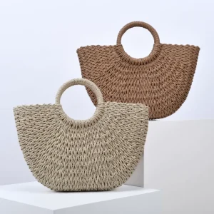Large Straw Half Circle Moon Tote Bag Casual Vacation Double Circle Handle Woven Tote Bag