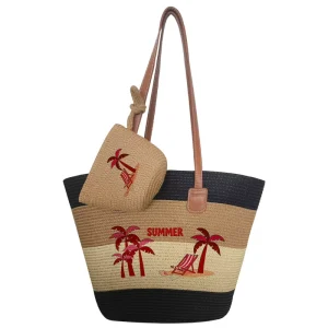 Large Straw Zipper Coin Purse Set Beach Coconut Tree Pattern Tote Bag Vacation Travel Shoulder Bag