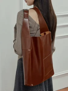 Large Top Grain Leather Bucket Bag Women Street Style Soft Shoulder Hobo Bag
