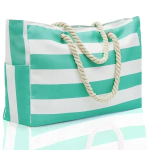Large Waterproof Canvas Tote Bag Beach and Swim Pool Tote Bag with Single Shoulder Strap Striped