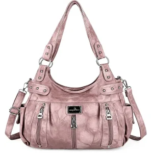 Large Women’s Washed Faux Leather Rivet Zipper Closure Three Straps Crossbody Hobo Satchel Shoulder Tote Handbag
