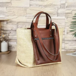 Large Woven Straw Summer Tote Bag Office Lady Color Blocked Leather Strap Button Closure Pocket Multi Compartment