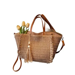 Large capacity Woven Straw Tote Bag Zipper Closure for Women Summer Style for Seaside Vacations Casual Shoulder Underarm Bag