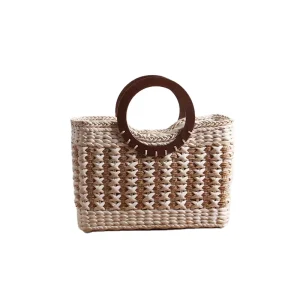 Latest Design Retro Straw Bag Corn Skin Hand Woven Beach Straw Bags With Wood Handle