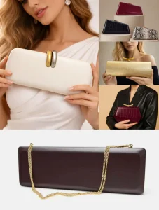 Latest European American New Women’s Evening Clutch Bag Solid Color PU Long Square Party Purse Clutch Evening Bag