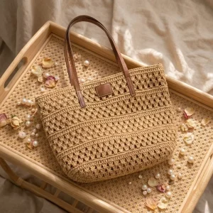 Latin American Handmade Straw Ladies Tote Bag Solid Color Open Closure Embroidery Polyester Lining