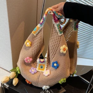 Lazy Style Large Capacity Shoulder Straw ZIP Closure Women’s Summer New Fresh Flower Knitted Shopping Tote Bag