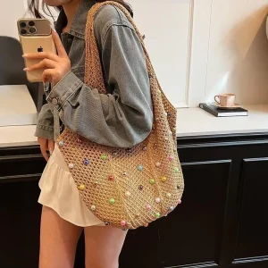 Lazy Style Seaside Commuting Single-Shoulder Straw Weaving Soft Tote Bag Holiday Women’s Summer Pearl Hollow Underarm Large