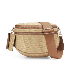 Leather Strap Woven Crochet Raffia Straw Fanny Pack Women Double Zipper Sling Waist Crossbody Belt Bag With Wallet