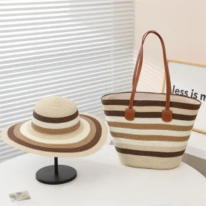 Leisure Women’s Woven Straw Tote Bag and Straw Hat 2pcs Set Sunshade Hat Large-capacity Striped Tote Shoulder Beach Bag