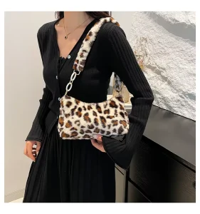 Leopard Print Fuzzy Shoulder Bag Fluffy Faux Fur Underarm Pillow Bag with Chain Strap Women’s Hobo Purse