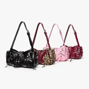 Leopard Print PU Leather Shoulder Bag with Rivets Retro Maillard Design Underarm Purse Multi Zippers Handbag