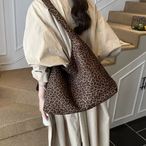 Leopard Print Women Tote Bag Suede Touch Autumn Winter Shoulder Bag Large Capacity School Work Shopping Bag
