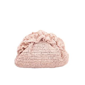 Light Pink Crochet Clutch Bag Handmade Half Moon Handbag with Ruffled Edge for Evening Date Use