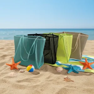 Lightweight Foldable Women’s Beach Mesh Tote Bag Casual Shoulder Bag for Picnics Vacations Pool Trips