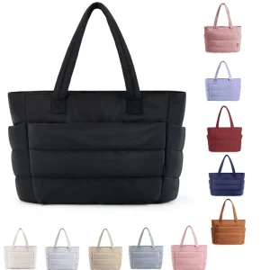 Lightweight Large Puffy Quilted Tote Bag With Zipper Custom Logo Puffer Padded Handbags Women Weekend Travel Laptop Tote Bag