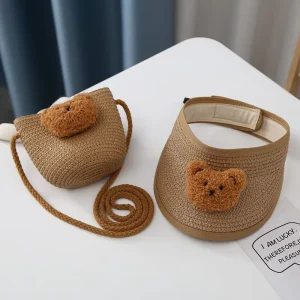 Little Bear Woven Summer Essential Cute Paper Bag and Hat Set Sunshade Visor Cap for Kids
