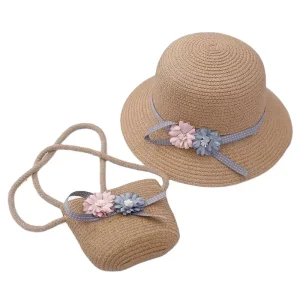 Little Girls Flower Summer Straw Beach Hat with Bag Set