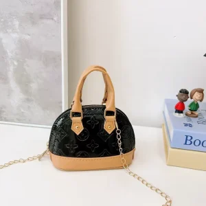 Little Girls Handheld Black PU Leather Tote Handbag Chain Shoulder Mini Bag for Kids