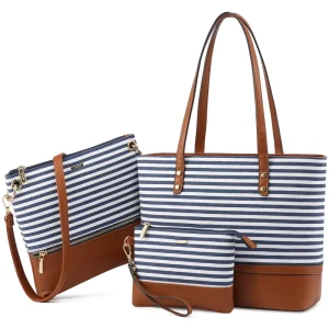 Lovevook Fashion 3pcs Handbag Set Stripes Style Shoulder Bag PU Leather Canvas Ladies Tote Bags Women Handbags and Purses