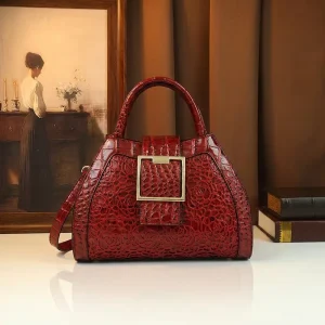 Luxury Crocodile Embossed Handbags Women Designer Vintage Rose Floral Pattern Satchel Large Gold Buckle Top Handle Shoulder Bag