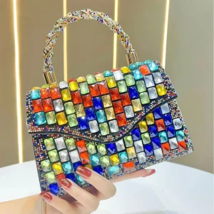 Luxury Cross-border Trend Flap Clutch Bag Chain Strap Magnetic Buckle Rhinestone Diamond Decorations Polyester Material